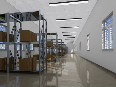 Spacious Warehouse Storage With Metal Shelves Cardboard Boxes Windows And Fluorescent Lighting 3d model