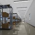Spacious Warehouse Storage With Metal Shelves Cardboard Boxes Windows And Fluorescent Lighting