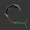Ornate Purple Curved Sword With Gold Patterns Orange Red Handle And Blue Chain Design