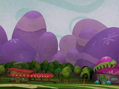 Fantasy Landscape With Purple Egg Shaped Mountains Green Trees And Mushroom Houses With Red Roof 3d model