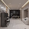 Elegant Modern Restaurant Interior With Wooden Shelves Marble Table Black Chair And Green Plants
