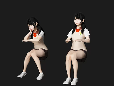 Women With Black Long Hair In White Tops And Brown Skirts Sitting In White Shoes 3d model Women With Black Long Hair In White Tops And Brown Skirts Sitting In White Shoes 3d model