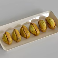 Six Golden Brown Baked Potatoes Sliced with Roasted Marks on White Rectangular Tray 3d model