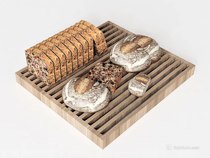 Delicious Fresh Sliced Bread And Whole Loaves Neatly Arranged On Wooden Tray 3d model 