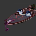 Modern Recreational Fishing Boat with Black Seats Outboard Motor and Red Striped Deck