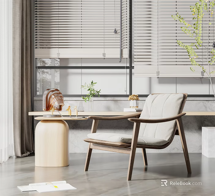 Modern Leisure Chair With Wooden Frame Light Cushion And Side Table By Window Blinds 3d model 