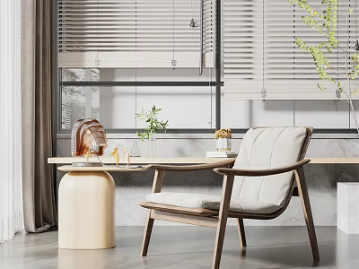Modern Leisure Chair With Wooden Frame Light Cushion And Side Table By Window Blinds 3d model