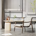 Modern Leisure Chair With Wooden Frame Light Cushion And Side Table By Window Blinds