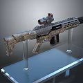 Modern Tactical Rifle With Camouflage Pattern Red Dot Scope On Transparent Display Stand 3d model