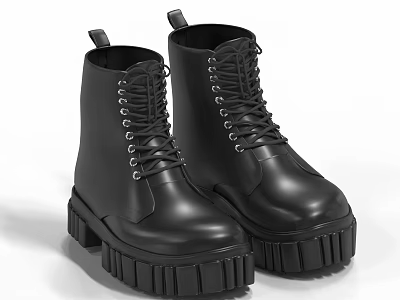 Stylish Black Leather Lace Up Boots With Thick Platform Sole Design 3d model