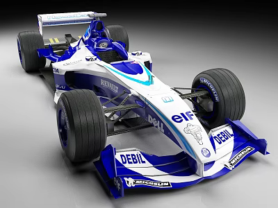 Blue And White Formula One Racing Car With Sponsor Logos 3d model