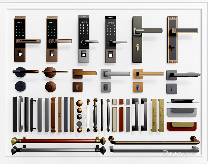Various Modern And Classic Door Handles In Different Metal Designs For Home Interior 3d model 