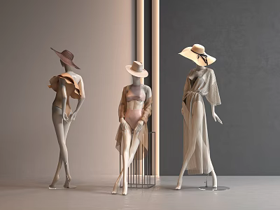 Fashion Mannequins Showcasing Stylish Outfits And Hats In Minimalist Gray Setting 3d model