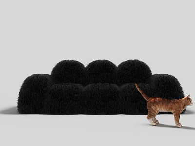 Black Fluffy Three Seater Sofa with Orange Cat Walking Beside 3d model