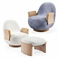 Single Upholstered Sofa in White and Blue with Wooden Armrests and Base and Textured Ottoman