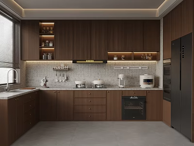 Modern Kitchen Design With Dark Brown Cabinets Stainless Steel Appliances And Sleek Countertop 3d model