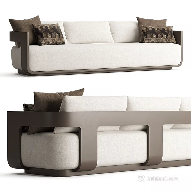 Modern Light Colored Two Seater Sofa With Dark Frame And Patterned Pillows 3d model