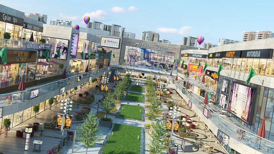 Vibrant Commercial Pedestrian Street With Shopping Malls Shops Green Plants And Hot Air Balloons 3d model 