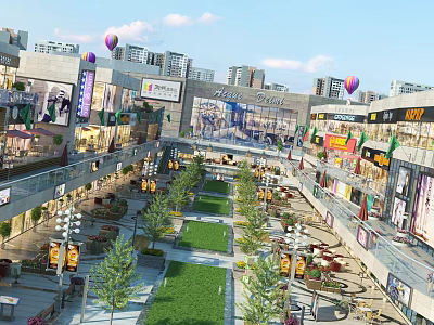 Vibrant Commercial Pedestrian Street With Shopping Malls Shops Green Plants And Hot Air Balloons 3d model