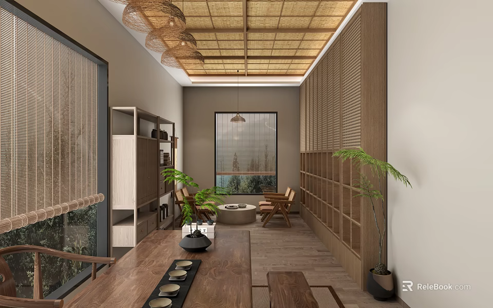 Traditional Tea House Interior With Bamboo Ceiling Wooden Partitions Tea Table And Green Plants 3d model 
