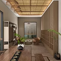 Traditional Tea House Interior With Bamboo Ceiling Wooden Partitions Tea Table And Green Plants