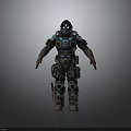 Humanoid Mechanical Character In Blue Black Armor With Helmet And Gear