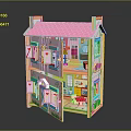 Colorful Two Story Toy House With Pink Roof Open Doors And Interior Furniture