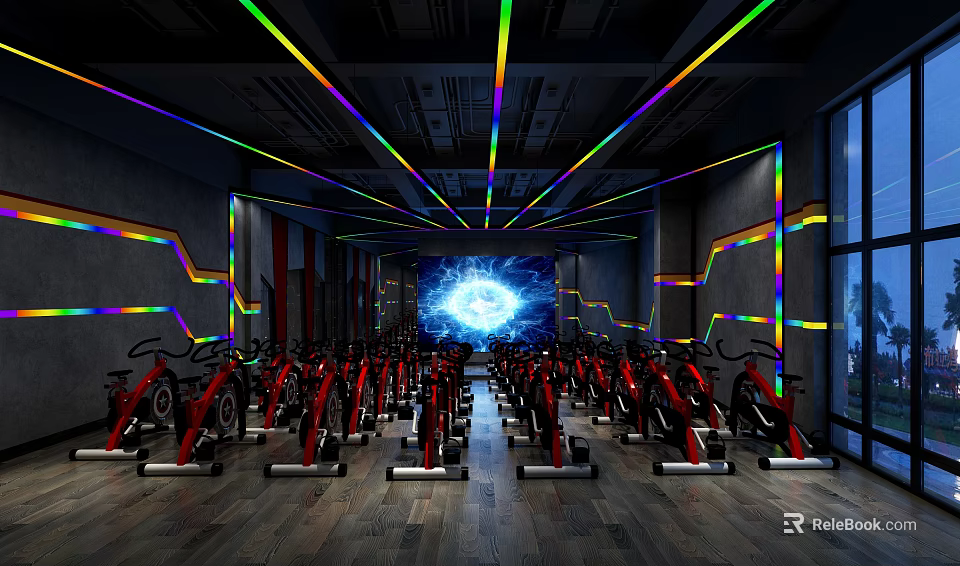 Modern Gym Interior With Spin Bikes Colorful Lights And Large Screen 3d model 