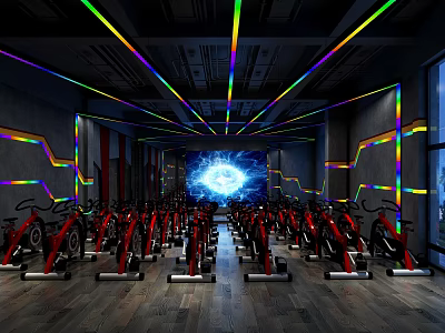 Modern Gym Interior With Spin Bikes Colorful Lights And Large Screen 3d model