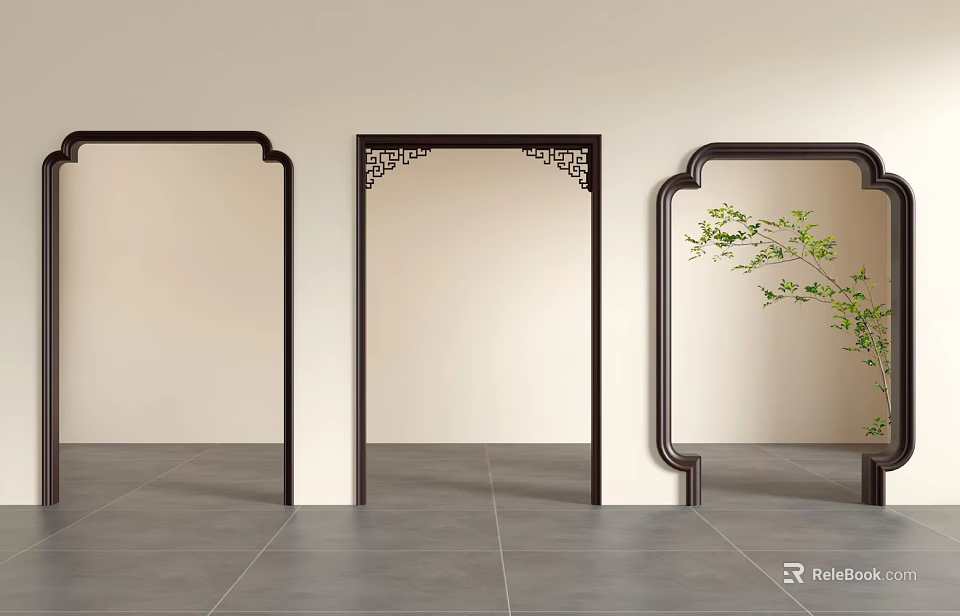 Chinese Style Doorways With Light Colored Walls Gray Floor Tiles And Green Plant 3d model 