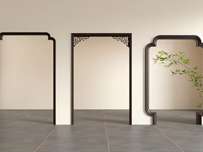 Chinese Style Doorways With Light Colored Walls Gray Floor Tiles And Green Plant 3d model