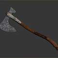Decorative Battle Axe Weapon With Blue Patterned Blade And Wooden Wrapped Handle