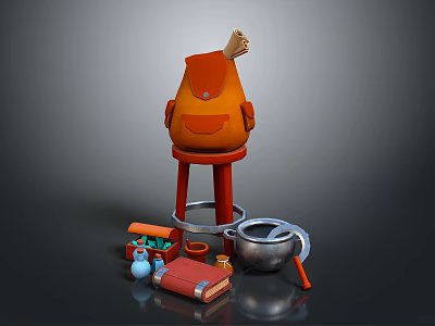 Colorful Daily Living Supplies Including Orange Backpack Red Stool And Metal Pot 3d model