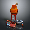 Colorful Daily Living Supplies Including Orange Backpack Red Stool And Metal Pot