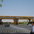 Modern Yellow Curved Entrance Gate With Logo Sign And Cars Passing By