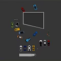 Various Cars And Truck At Toll Booth With Traffic Cones And Signs