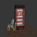 Commercial Upright Beverage Refrigerator With Bottled Drinks Chair And Warning Sign On Brick Floor
