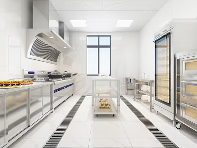 Modern Commercial Kitchen With Stainless Steel Appliances White Tiled Walls Large Windows And Workstations 3d model