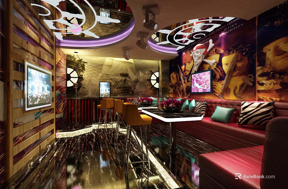 Modern KTV Lounge Interior With Decorative Murals Sofa TV Screens And Lighting 3d model 