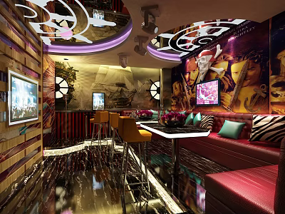 Modern KTV Lounge Interior With Decorative Murals Sofa TV Screens And Lighting 3d model
