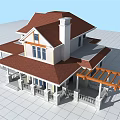Traditional Detached Villa With Red Roof White Walls Front Porch And Orange Pergola