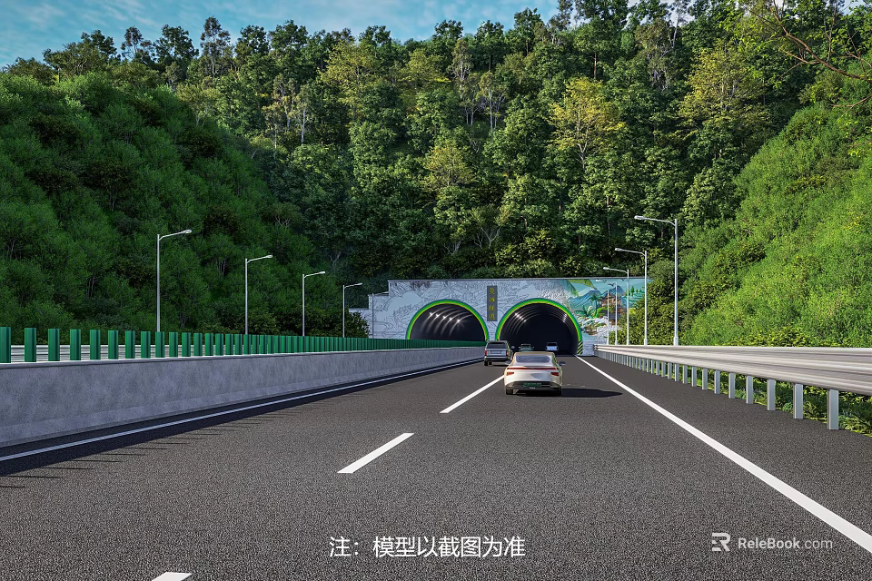 Road Infrastructure With Tunnel Green Forest Street Lamps Guardrails And Vehicles 3d model 