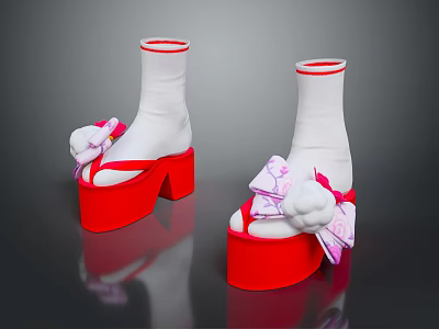 White Sock Design Women's High Heeled Sandals With Red Platform Pink Bows And Flower Decorations 3d model