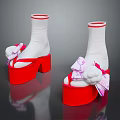 White Sock Design Women's High Heeled Sandals With Red Platform Pink Bows And Flower Decorations