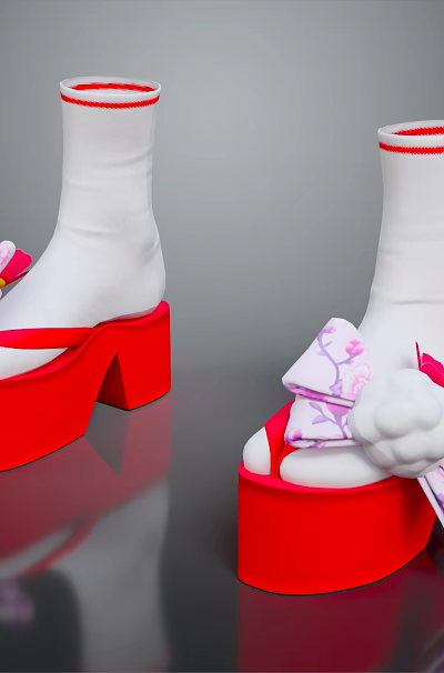 White Sock Design Women's High Heeled Sandals With Red Platform Pink Bows And Flower Decorations 3d model