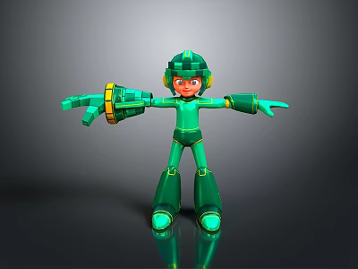 Green Robot Character With Mechanical Arms Helmet And Reflective Surface Standing Pose 3d model