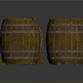 Vintage Wooden Barrels With Metal Hoops And Mossy Texture On Stand