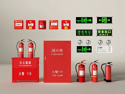 Fire Equipment With Fire Extinguishers Hydrant Cabinet Safety Exit And Fire Alarm 119 Signs 3d model