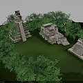 Ancient Stone Buildings With Pyramid Structures Surrounded By Green Trees And Grass 3d model