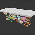 Decorative Ornament Set Featuring Gold Silver Circular Pieces Under White Floating Platform with Reflection
